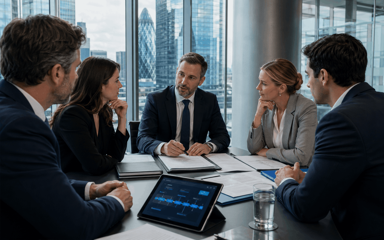 Law office team presenting a legal strategy in a glass meeting room